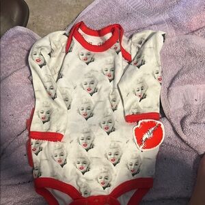 Red and White Sleeveless Bodysuit with Teddy Bear Print
